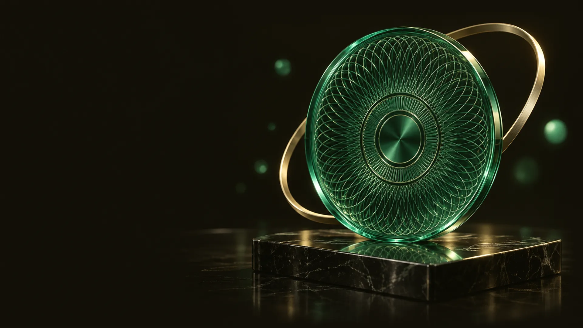 An emerald glass seal engraved with guilloché lines, standing on black stone with a brass ring behind it