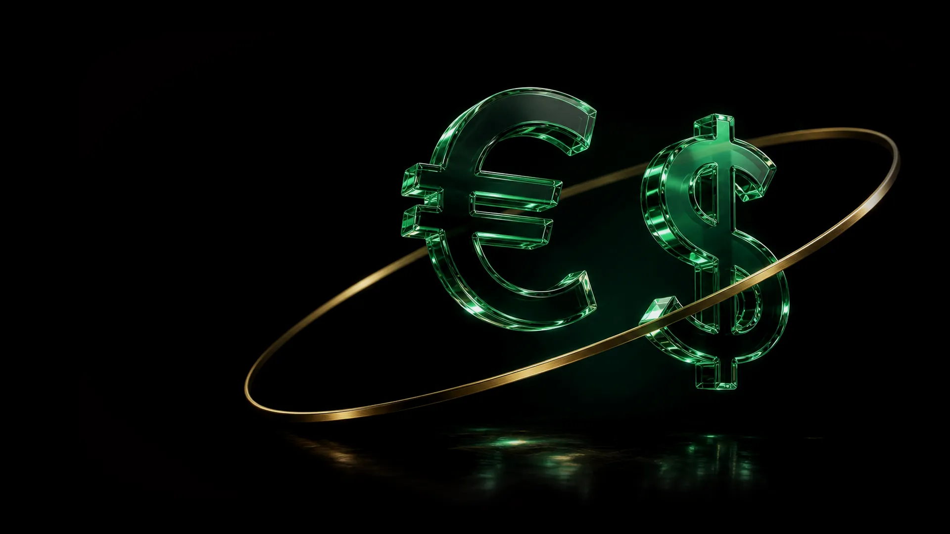 Glass euro and dollar symbols with a brass orbit on a dark background
