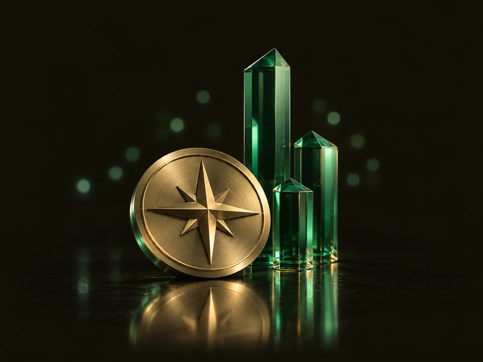 A brass compass rose beside a cluster of emerald glass towers