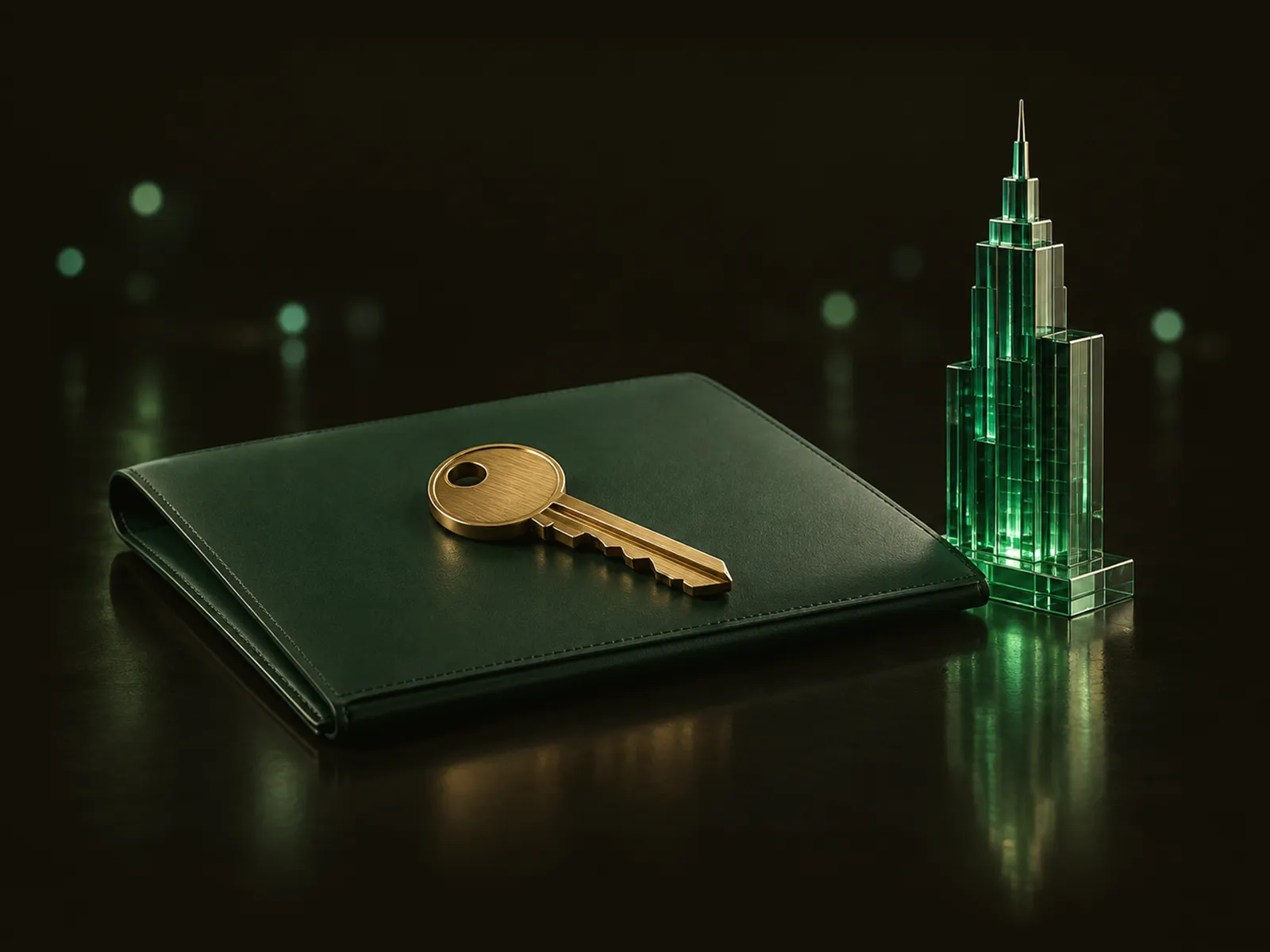 A brass key on a green folder beside an emerald glass tower model