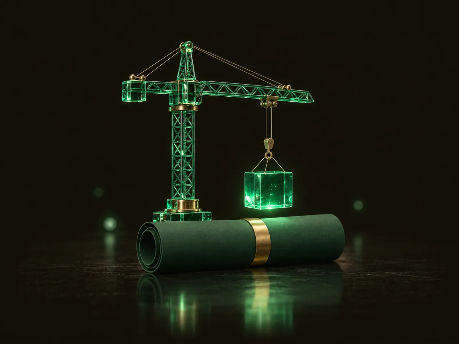 An emerald glass crane lifting a glass block above a rolled green sheet tied with brass