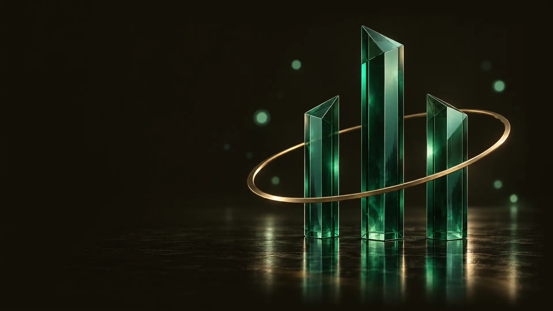 Emerald glass towers with a brass orbit on a dark background