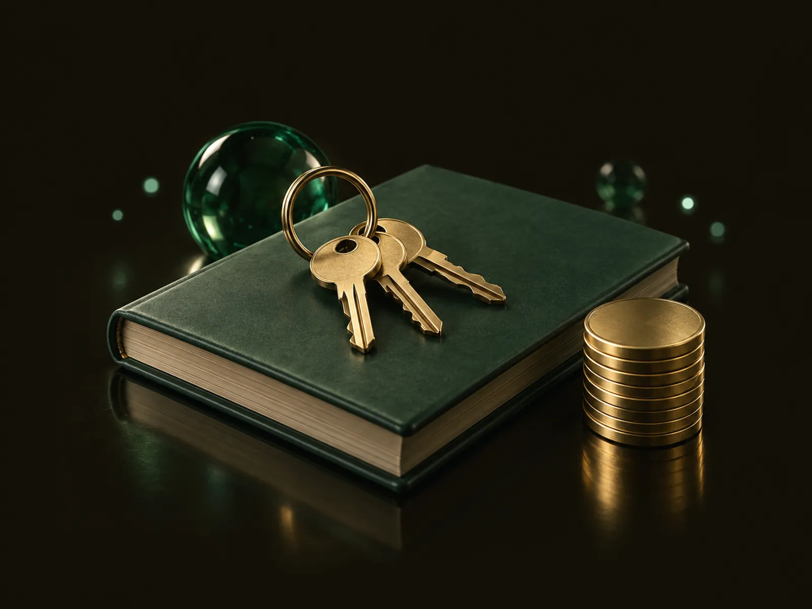 A brass key ring beside a green ledger and a stack of brass coins