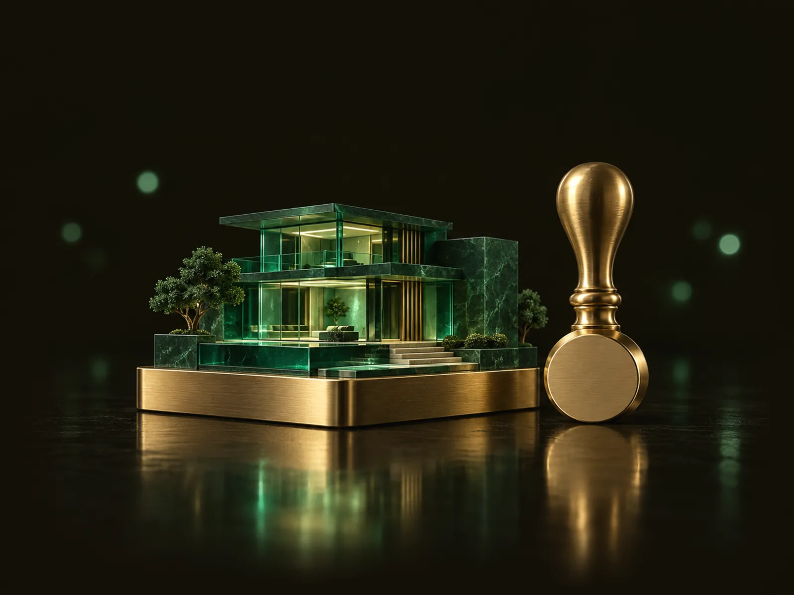 An emerald glass villa model beside a brass signet stamp on a dark background