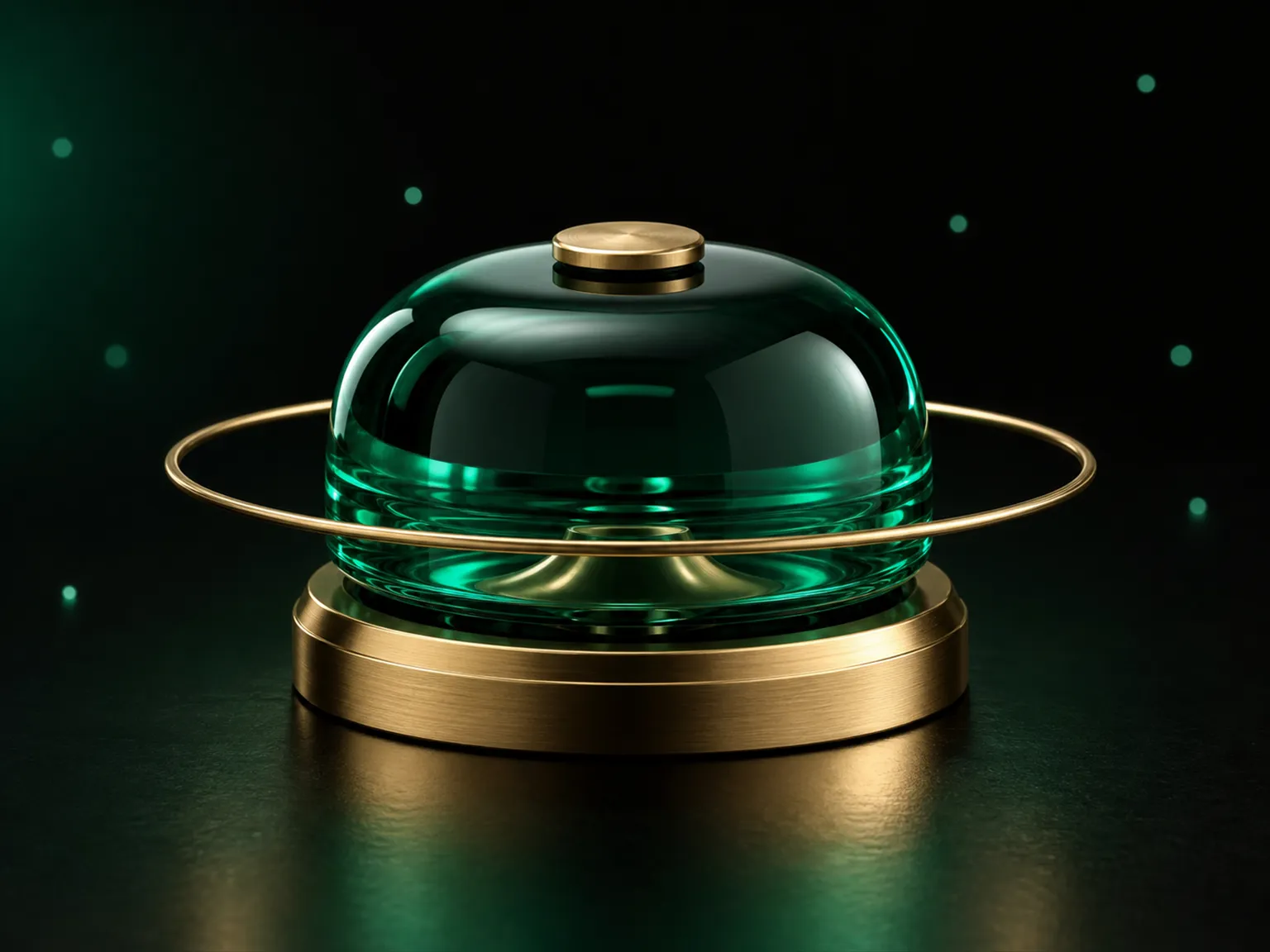 A concierge bell in emerald glass and brass, a symbol of personal service, on a dark background