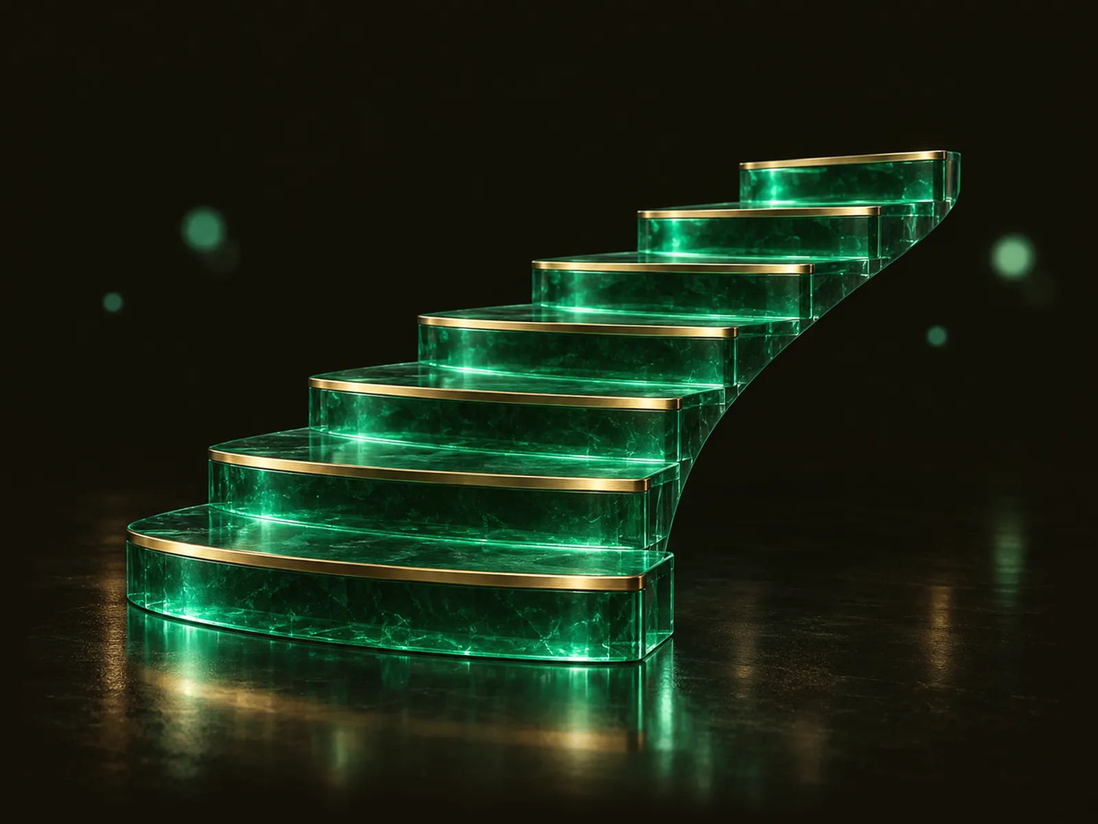 A curving staircase of emerald glass steps with brass edges, each step lit from within, on a dark background