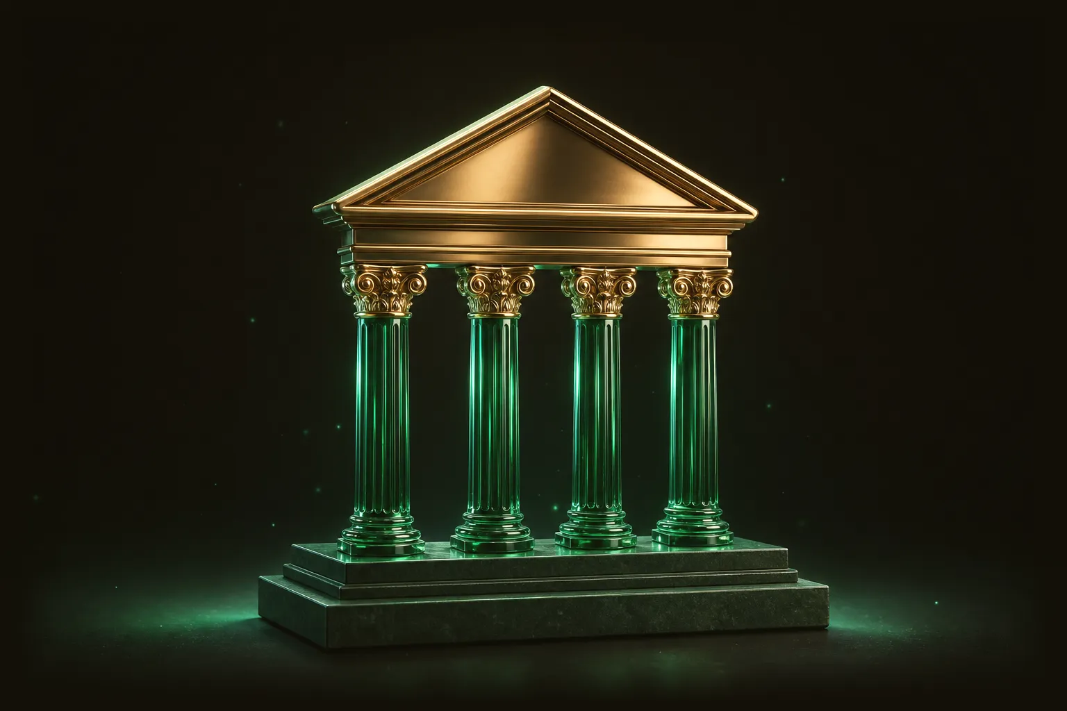 A classical bank portico in emerald glass and brass on a dark background
